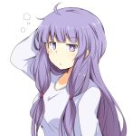  1girl blush chata_maru_(irori_sabou) closed_mouth eyebrows_visible_through_hair long_hair looking_at_viewer no_hat no_headwear patchouli_knowledge purple_hair simple_background solo touhou upper_body violet_eyes white_background 
