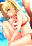  aestus_estus ahoge bead_bracelet beads bikini bracelet breasts criss-cross_halter earrings fate/grand_order fate_(series) green_eyes hair_intakes halter_top halterneck highres jewelry jiiwara large_breasts long_hair nero_claudius_(fate)_(all) nero_claudius_(swimsuit_caster)_(fate) red_bikini side-tie_bikini striped striped_bikini swimsuit twintails 