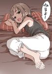  1girl absurdres armpits bangs bare_arms bare_shoulders barefoot brown_hair brown_shirt highres looking_at_viewer lying on_side open_mouth pillow shirt solo striped toenails translated yamamoto_souichirou 