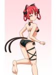  1girl ;3 animal_ears ass bare_arms bare_shoulders barefoot bikini black_bikini black_bow black_ribbon bow braid breasts cat_ears cat_tail cato_(monocatienus) commentary extra_ears eyebrows_visible_through_hair feet from_behind gradient gradient_background hair_bow hair_rings halterneck kaenbyou_rin kneepits looking_at_viewer looking_back medium_breasts multiple_tails pink_background red_eyes redhead ribbon shoulder_blades side-tie_bikini simple_background solo standing standing_on_one_leg swimsuit tail thigh_ribbon thighs touhou twin_braids two_tails 