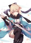  1girl absurdres black_bow black_legwear black_scarf blonde_hair blush bow fate/grand_order fate_(series) godoju hair_between_eyes hair_bow haori highres holding holding_sheath holding_sword holding_weapon japanese_clothes katana kimono obi okita_souji_(fate) okita_souji_(fate)_(all) ponytail sash scarf sheath short_hair short_kimono solo sword thigh-highs unsheathing weapon white_kimono yellow_eyes 