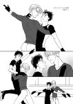  2boys absurdres black_gloves blush eye_contact gloves highres ice_skates katsuki_yuuri lifting_person looking_at_another male_focus mii_(user_kmcc2244) monochrome multiple_boys outstretched_arms pants skates smile spread_arms sweatpants translation_request viktor_nikiforov yuri!!!_on_ice 