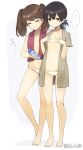  ... 2girls barefoot black_hair bottle breast_conscious brown_eyes brown_hair closed_eyes dress_shirt flat_chest folded_ponytail full_body highres kantai_collection kasuga_maru_(kantai_collection) long_hair lowleg lowleg_panties milk multiple_girls panties red_towel ryuujou_(kantai_collection) shirt simple_background spoken_ellipsis standing taiyou_(kantai_collection) towel towel_around_neck twintails twitter_username underwear white_background white_panties yamashiki_(orca_buteo) 