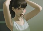  1girl armpits arms_behind_head bangs bare_shoulders black_eyes black_hair blunt_bangs blush collarbone cristalavi indoors lips looking_at_viewer medium_hair mouth_hold nose parted_lips photo-referenced ponytail real_life realistic shirt solo tank_top tying_hair upper_body white_shirt 