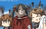  2girls animalization bear black_hair blazer blue_sky brown_eyes brown_hair clouds commentary dated day dirty_clothes flying_sweatdrops gloves hair_ribbon hamu_koutarou headgear highres jacket kantai_collection long_hair mikuma_(kantai_collection) multiple_girls mutsu_(kantai_collection) neckerchief necktie ribbon school_uniform serafuku short_hair sky smoke towel twintails wakaba_(kantai_collection) white_gloves 