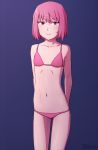  1girl arms_behind_back artist_name bikini commentary cowboy_shot english_commentary flat_chest looking_at_viewer navel petite pink_bikini pink_eyes pink_hair purple_background short_hair simple_background solo swimsuit zoryc 