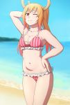  1girl ;) artist_name beach bikini blonde_hair blurry blurry_background breasts cleavage collarbone commentary day english_commentary frilled_bikini frills hand_behind_head hand_on_hip horns kobayashi-san_chi_no_maidragon long_hair looking_at_viewer maid_headdress medium_breasts navel one_eye_closed orange_eyes outdoors pink_bikini sexy sexy_pose slit_pupils smile solo stomach striped swimsuit tooru_(maidragon) twintails vertical-striped_bikini vertical_stripes zoryc 
