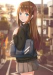  1girl :o absurdres bag bangs black_sweater blurry blurry_background blush brown_hair cowboy_shot day depth_of_field earrings eyebrows_visible_through_hair from_behind green_eyes grey_skirt hand_up hedge_(plant) highres house idolmaster idolmaster_cinderella_girls jewelry koi0806 long_hair long_sleeves looking_at_viewer looking_back outdoors pleated_skirt road road_sign school_bag school_uniform shibuya_rin shiny shiny_hair shoulder_bag sidelocks sign skirt sky solo standing straight_hair sunlight sweater telephone_pole tree 