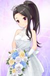  alternative_girls bare_shoulders black_hair blue_flower blue_rose blush bouquet bride closed_mouth dress elbow_gloves flower gloves highres holding holding_bouquet long_hair looking_at_viewer official_art purple_background rose saionji_rei simple_background smile tiara violet_eyes wedding_dress white_dress white_flower white_gloves white_rose yellow_flower yellow_rose 