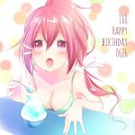  bikini blush bra breasts eyebrows_visible_through_hair food hair_between_eyes happy_birthday i-168_(kantai_collection) ice_cream kantai_collection long_hair looking_at_viewer medium_breasts mero_oon open_mouth ponytail red_eyes redhead sitting spoon swimsuit twitter_username underwear 