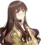  1girl brown_eyes brown_hair choker collarbone fate/extra fate_(series) hellos highres jacket kishinami_hakuno_(female) long_hair looking_at_viewer simple_background solo upper_body very_long_hair white_background 