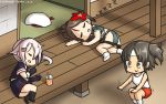  3girls amagi_(kantai_collection) amagi_pose architecture bangs black_serafuku blue_hair brown_eyes brown_hair closed_eyes commentary crop_top dated east_asian_architecture flower food gloves gradient_hair gym_uniform hair_flower hair_ornament hamu_koutarou harusame_(kantai_collection) hat hat_removed headwear_removed highres hip_vent kantai_collection long_hair midriff miniskirt multicolored_hair multiple_girls nagara_(kantai_collection) noodles one_side_up open_mouth parted_bangs pink_hair ponytail red_shorts remodel_(kantai_collection) school_uniform serafuku serious short_ponytail short_sleeves shorts side_ponytail signature skirt sleeping sliding_doors tank_top tatami thigh-highs thighs wooden_floor zzz 