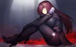  1girl bangs bodysuit breasts closed_mouth commentary_request eyebrows_visible_through_hair fate/grand_order fate_(series) full_body high_heels highres knees_up large_breasts long_hair looking_at_viewer muunyan_(yumenekoya) purple_bodysuit purple_hair red_eyes scathach_(fate/grand_order) shiny shiny_clothes shiny_hair shoulder_armor shoulder_pads sitting skin_tight solo 
