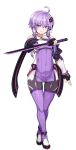  1girl ahoge bangs bare_shoulders blush collarbone covered_navel fingerless_gloves full_body gloves hair_ornament long_hair looking_at_viewer low_twintails ninja ninjatou null_(nyanpyoun) purple_hair purple_legwear short_hair_with_long_locks simple_background smile solo sword thigh-highs twintails violet_eyes vocaloid voiceroid weapon white_background yuzuki_yukari 