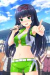  1girl 4boys alternative_girls bangs belt black_hair blunt_bangs blush bow breasts cleavage clouds cloudy_sky collarbone cropped_jacket embarrassed green_eyes green_jacket green_shorts hair_bow highres holding holding_microphone jacket long_hair looking_at_viewer microphone multiple_boys navel nose_blush official_art open_mouth outdoors pointing pointing_at_viewer racequeen red_bow shorts sky standing tendou_machi zipper 
