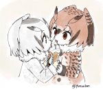  2girls brown_coat brown_eyes brown_hair coat commentary eating eurasian_eagle_owl_(kemono_friends) eyebrows_visible_through_hair food fur_collar gloves grey_coat grey_hair hair_between_eyes hands_together head_wings holding holding_food ice_cream ice_cream_cone kemono_friends licking long_sleeves multicolored_hair multiple_girls northern_white-faced_owl_(kemono_friends) panzuban sharing_food short_hair tongue tongue_out twitter_username upper_body white_gloves white_hair 