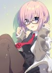  eyebrows_visible_through_hair eyes_visible_through_hair fate/grand_order fate_(series) glasses highres hood hoodie looking_at_viewer mash_kyrielight necktie open_mouth pantyhose pink_hair red_neckwear smile toko_yoshi violet_eyes 