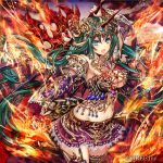  1girl arm_up armor bangs belt_buckle bikini_armor black_legwear blue_eyes blurry blurry_background breasts brown_belt buckle closed_mouth company_name cowboy_shot dragon_girl dragon_horns dragon_wings elbow_gloves eyebrows_visible_through_hair fire floating_hair forehead_jewel garter_straps gem gloves greatsword green_hair groin hair_between_eyes head_chain holding holding_weapon horns jewelry kaizoku_ookoku_koronbusu lace lace-trimmed_skirt large_breasts legs_together long_hair looking_at_viewer madogawa miniskirt navel necklace official_art open_mouth outstretched_arm pleated_skirt pointy_ears purple_skirt pyrokinesis red_gloves scale_armor sidelocks single_garter_strap single_glove skirt solo standing stomach thigh-highs vambraces very_long_hair weapon wind wings 
