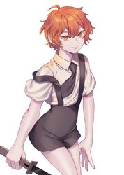  1other ahoge androgynous artist_request colored_eyelashes gem_uniform_(houseki_no_kuni) highres houseki_no_kuni looking_at_viewer necktie orange_eyes orange_hair short_hair smile solo suspenders sword weapon white_background zircon_(houseki_no_kuni) 