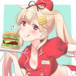  1girl alternate_hairstyle apron blonde_hair blush breasts eyebrows_visible_through_hair flag food hair_ornament hairclip hamburger hat heart kantai_collection large_breasts long_hair looking_at_viewer mero_oon ponytail red_eyes solo tray twitter_username waiter yuudachi_(kantai_collection) 