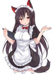  1girl absurdres alternate_costume amashi_(qcmrq906) animal_ears apron black_dress blush bow bowtie breasts brown_hair commentary_request cowboy_shot dress enmaided eyebrows_visible_through_hair frilled_apron frills hair_between_eyes hands_up highres holding holding_tray imaizumi_kagerou long_hair looking_at_viewer maid maid_apron maid_headdress medium_breasts open_mouth petticoat puffy_short_sleeves puffy_sleeves red_bow red_eyes red_neckwear short_sleeves simple_background solo sweatdrop tail thigh-highs touhou tray very_long_hair white_apron white_background white_legwear wolf_ears wolf_tail zettai_ryouiki 