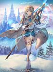  1girl bangs blonde_hair blue_eyes blue_hair cape closed_mouth company_name copyright_name dress earrings feather_trim fire_emblem fire_emblem_cipher fire_emblem_heroes fjorm_(fire_emblem_heroes) full_body gradient gradient_hair holding holding_weapon jewelry long_sleeves multicolored_hair official_art polearm short_dress short_hair smile solo spear umiu_geso weapon 