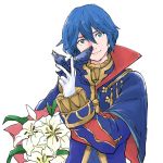  1girl armor blue_eyes blue_hair cape cosplay eliwood_(fire_emblem) eliwood_(fire_emblem)_(cosplay) fire_emblem fire_emblem:_kakusei fire_emblem:_rekka_no_ken fire_emblem_heroes flower gloves holding holding_weapon looking_at_viewer lucina marth_(fire_emblem:_kakusei) mask nezumoto reverse_trap short_hair simple_background smile solo tiara tomboy weapon 