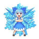 1girl blue_eyes blue_hair bow brown_footwear chibi cirno crossed_arms hair_bow highres ice ice_wings kkommy open_mouth shoes short_sleeves skirt smile snowflakes socks standing touhou v-shaped_eyebrows wings 