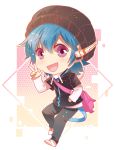  1boy :d blue_hair chibi commentary english_commentary eyebrows_visible_through_hair hand_in_pocket hand_up hat headphones hood hoodie long_sleeves looking_at_viewer male_focus open_mouth original pants shangguan_feiying smile solo standing violet_eyes w 