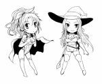  breasts cape character_request chibi cleavage commentary_request detached_sleeves earrings elbow_gloves final_fantasy final_fantasy_vi gloves hair_ribbon jewelry kara_(color) long_hair monochrome multiple_girls ponytail ribbon thigh-highs tina_branford 