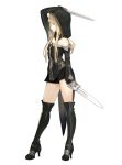  1girl arm_up bare_shoulders belt black_footwear black_legwear blonde_hair breasts closed_mouth commentary_request copyright_request full_body highres holding holding_weapon hood keemu_(occhoko-cho) long_hair long_sleeves looking_away solo weapon white_background 