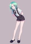  1other androgynous arms_behind_back artist_request colored_eyelashes gem_uniform_(houseki_no_kuni) glowing glowing_hair green_eyes green_hair grey_background houseki_no_kuni leaning_forward looking_at_viewer necktie phosphophyllite short_hair smile solo sparkle suspenders 