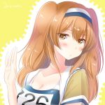  1girl blush breasts brown_eyes brown_hair closed_mouth eyebrows_visible_through_hair hair_between_eyes headband highres i-26_(kantai_collection) kantai_collection large_breasts long_hair mero_oon school_swimsuit solo swimsuit twintails twitter_username 