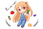  1girl ahoge ame. azur_lane bangs bird blush_stickers carrot chibi chick cleveland_(azur_lane) closed_mouth corn denim dot_nose english eyebrows_visible_through_hair farmer farming flat_chest food full_body hand_up holding holding_food long_hair looking_at_viewer one_side_up orange_hair overalls raised_eyebrows red_eyes shirt shoes short_sleeves simple_background smile solid_oval_eyes solo t-shirt tomato tsurime very_long_hair white_background white_shirt 