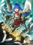  1girl armor blue_eyes blue_hair cape castle daigoman dress elbow_gloves fingerless_gloves fire_emblem fire_emblem:_mystery_of_the_emblem fire_emblem_cipher gloves long_hair looking_at_viewer official_art open_mouth pegasus_knight polearm sheeda smile solo spear thigh-highs weapon 