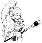  1girl belt commentary_request dragon_ball dragon_ball_super drawn dress eyelashes holding holding_staff long_hair looking_at_viewer monochrome murata_yuusuke ponytail puffy_sleeves simple_background smile solo_focus staff upper_body vados_(dragon_ball) very_long_hair white_background 