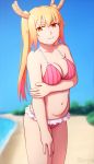  1girl artist_name beach bikini blonde_hair blurry blurry_background breasts cleavage collarbone commentary day english_commentary frilled_bikini frills horns kobayashi-san_chi_no_maidragon long_hair looking_at_viewer maid_headdress medium_breasts navel orange_eyes outdoors pink_bikini slit_pupils smile solo stomach striped swimsuit tooru_(maidragon) twintails vertical-striped_bikini vertical_stripes zoryc 