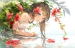  1girl anmi bangs bare_shoulders blush breasts brown_hair collarbone commentary dress erect_nipples flower flower_on_water hair_between_eyes hair_flower hair_ornament hands_together hibiscus leaf leaning_forward long_hair looking_at_viewer medium_breasts one_side_up open_mouth original plant reflection sidelocks sleeveless sleeveless_dress solo violet_eyes water water_drop white_dress 