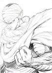  1boy cape clenched_hand commentary_request dragon_ball dragonball_z fighting_stance frown greyscale highres looking_at_viewer male_focus monochrome murata_yuusuke piccolo pointy_ears serious simple_background turban upper_body veins white_background 