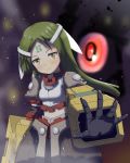  1girl android arm_at_side arma_(recettear) armor black_gloves blurry blurry_background facial_mark forehead_mark gloves glowing glowing_eye green_hair hair_ribbon highres kurakuru light_smile long_hair looking_at_viewer midriff_peek navel outstretched_hand recettear red_eyes ribbon solo standing white_ribbon 
