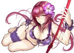  1girl bangs bare_shoulders bikini breasts cleavage collarbone fate/grand_order fate_(series) flower gae_bolg hair_between_eyes hair_flower hair_ornament hand_on_hip hips large_breasts leg_garter long_hair looking_at_viewer lying nail_polish okitakung on_side polearm purple_bikini purple_hair purple_nails red_eyes scathach_(fate/grand_order) scathach_(swimsuit_assassin)_(fate) simple_background smile solo swimsuit thighs weapon wet white_background wrist_cuffs 