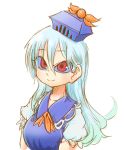  1girl blue_dress blue_hair blue_hat chamaji collared_dress commentary_request dress eyebrows_visible_through_hair hat kamishirasawa_keine long_hair looking_at_viewer neckerchief puffy_short_sleeves puffy_sleeves red_eyes short_sleeves silver_hair smile solo tokin_hat touhou upper_body 