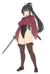  1girl bangs black_hair black_legwear breasts closed_mouth commentary_request full_body highres holding holding_sword holding_weapon houtengeki japanese_clothes katana large_breasts long_hair long_sleeves original ponytail red_eyes sandals sheath sidelocks simple_background solo standing sword weapon white_background wide_sleeves 