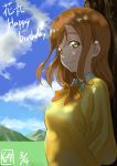  1girl absurdres brown_hair clouds highres kunikida_hanamaru long_hair looking_at_viewer love_live! love_live!_sunshine!! murota_yuuhei orange_ribbon ribbon smile sweater yellow_eyes yellow_sweater 