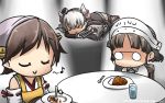  3girls a_dog_of_flanders amatsukaze_(kantai_collection) apron bare_shoulders black_dress brown_hair capelet closed_eyes commentary cup curry curry_rice dated detached_sleeves dress drinking_glass eighth_note food glasses hair_tubes hairband hamu_koutarou headgear hiei_(kantai_collection) highres japanese_clothes kantai_collection long_hair long_sleeves lying multiple_girls musical_note nontraditional_miko pince-nez rensouhou-kun ribbon-trimmed_sleeves ribbon_trim rice roma_(kantai_collection) short_hair silver_hair sitting smile spoon thigh-highs two_side_up windsock yellow_apron 