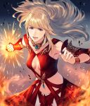  1girl blonde_hair blue_eyes breasts cleavage_cutout clenched_hand detached_sleeves final_fantasy final_fantasy_xiv fire gauntlets glowing highres jewelry long_hair looking_at_viewer lyse_hext makimura_shunsuke navel necklace open_mouth ponytail single_gauntlet small_breasts smile solo 