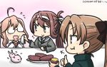  3girls :d ahoge akigumo_(kantai_collection) asagumo_(kantai_collection) blue_neckwear brown_eyes brown_hair commentary dated flying_sweatdrops food food_on_face glasses hamu_koutarou highres holding holding_food kantai_collection long_hair long_sleeves makigumo_(kantai_collection) multiple_girls necktie open_mouth pink_hair ponytail rabbit shirt sleeves_past_wrists smile sweet_potato thumbs_up white_shirt wiping_mouth 