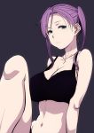  1girl black_background black_bra bra breasts cleavage collarbone commentary_request green_eyes highres looking_at_viewer navel purple_hair puyo short_hair solo twintails underwear 