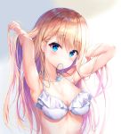 1girl alternate_costume alternate_hairstyle arm_behind_head armpits bangs bikini blonde_hair blue_eyes blush breasts cleavage closed_mouth collarbone dana_(hapong07) eyebrows_visible_through_hair frilled_bikini frills girls_frontline gradient gradient_background hair_between_eyes hair_ornament hair_over_shoulder hair_tie_in_mouth hands_in_hair highres light_smile long_hair looking_at_viewer medium_breasts mouth_hold shiny shiny_skin simple_background skindentation snowflake_hair_ornament solo sparkle suomi_kp31_(girls_frontline) swimsuit upper_body 