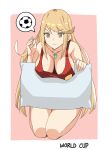  1girl 2018_fifa_world_cup ball bangs bare_shoulders blonde_hair breasts cleavage collarbone half-closed_eyes highres mythra_(xenoblade) j@ck kneeling large_breasts long_hair pillow soccer soccer_ball swept_bangs tank_top thought_bubble very_long_hair world_cup xenoblade_(series) xenoblade_2 